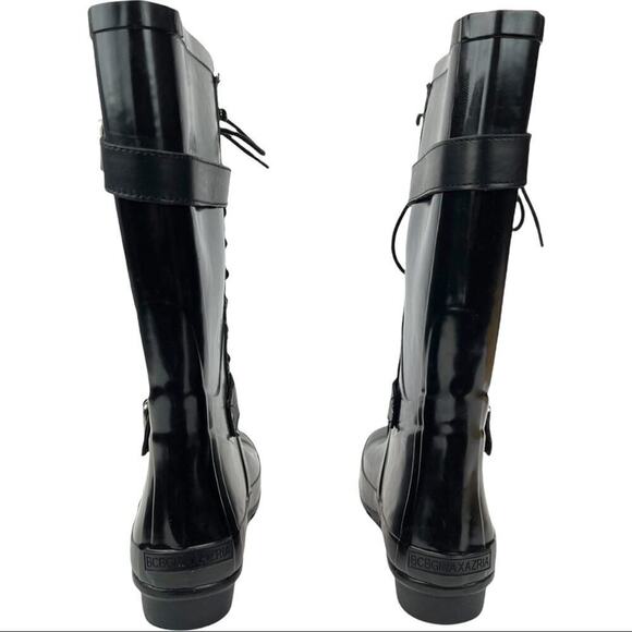 BCBGMAXAZRIA Women's Black Willis Lace Up Rubber Boots Leather Straps Size 6 - Picture 3 of 16